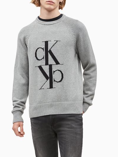 Calvin Klein Ruhák HU468588 | Calvin Klein Cotton Wool Monogram Férfi Pulóver Szürke / Fekete